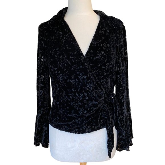 SilkLand Velvet Burnout Silk Wrap Top Floral Bell Sleeve Whimisgoth Dark Fairy-8 - Picture 1 of 15